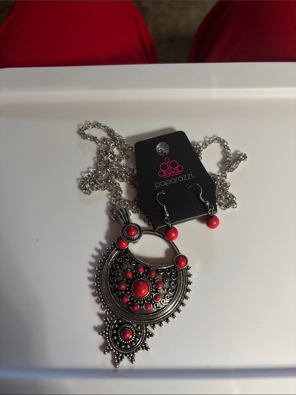 paparazzi Silver-Tone Red Boho Crescent Pendant Necklace with Matching Earrings